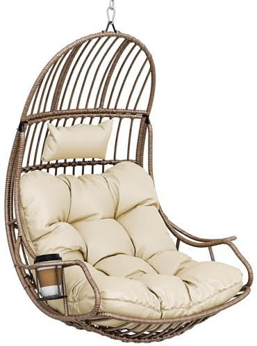 YITAHOME Hanging Egg Swing Chair Max. load 150 kg Rattan Egg Chair Indoor Outdoor Hammock Egg Chair with Cushions & Cup Holder for Patio, Bedroom, Garden and Balcony, Beige