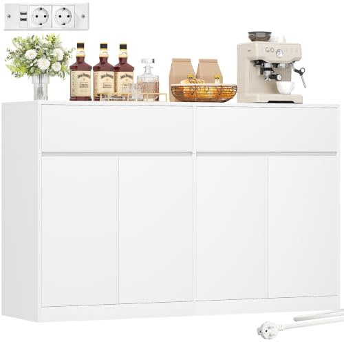 BEWISHOME Armario de cocina de 140 cm de ancho con encimera, aparador de cocina con regleta, mueble de cocina con 4 puertas, 2 cajones, estante ajustable, para salón, cocina, comedor, pasillo, color