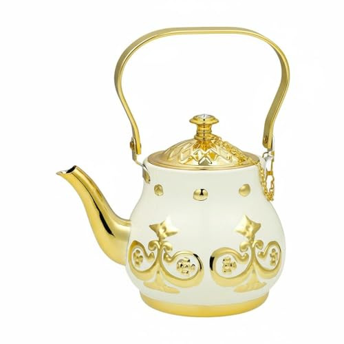 Wswqop Turkish Coffee Maker Teiera Turca Caffettiera Caraffa Tradizionale con Corpo Tondo Coperchio Lavorato Dettagli Ornamentali Versata Regolare Presa, Array, Bianco-Dorato, 1.3 L