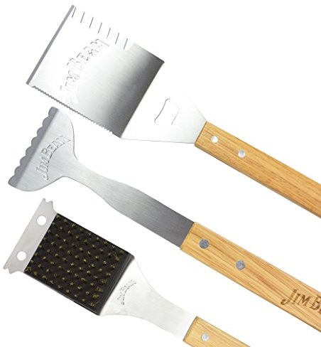 Jim Beam 3-teiliges Grillbesteck Set mit Reinigungsbürste aus Edelstahl, Silber JB0194