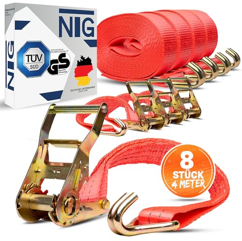 NTG Spanngurte mit Ratsche-Haken 2000 kg 4 m - 8 Stück 2-teilig 35 mm | TÜV/GS geprüft gemäß DIN EN 12195-2 - Zurrgurte für Ladungssicherung in LKW & Anhänger & Transporter