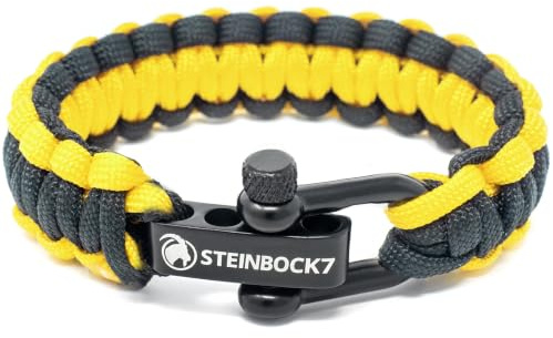 Steinbock7 Herren Armband Paracord – Geflochtenes Männer Armband mit Edelstahlverschluss, Verstellbares Männer Schmuck Accessoire für Outdoor Trekking Expedition, schwarz-gelb