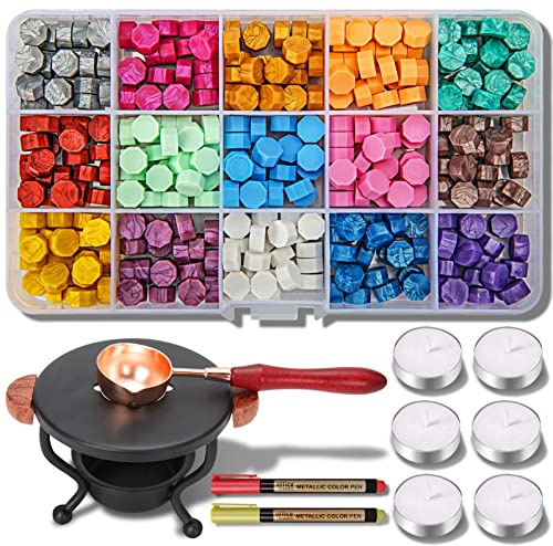 YIPLEDSiegelwachs-Set, 310-teilig, Wachssiegelstempel-Set mit Wachssiegelperlen2 Stiften, Wachssiegelwarmer, Wachsstempel-Loffel und Kerzen zumVersiegeln von Briefen, Einladungen, 15 Farben