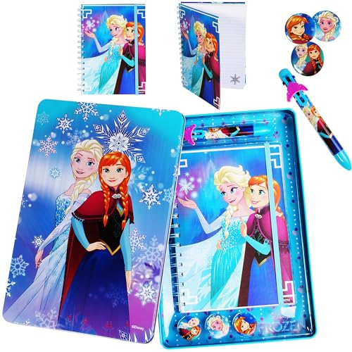 alles-meine.de GmbH XL Schreibset - - Frozen - die Eiskönigin - Aufbewahungsbox + Dickes Notizbuch mit Linien + Kugelschreiber 6 farbig + 3 Ansteck Pins - für Kinder - Mädche..
