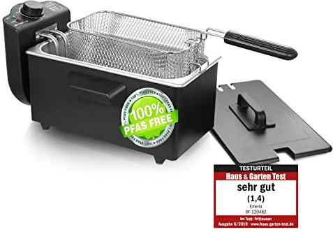 Emerio Friggitrice ad olio da 3,0 l con tecnologia a zone fredde, molto buona 1,4 testata da Haus & Garten 06/2019, niente più sapore amaro, friggitrice con zona fredda da 2000 W, serbatoio in