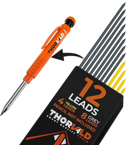 THORVALD Ricarica 12 Mine 2,8 mm Matita da Cantiere 8 Grigie + 4 Gialle - Per Portamine Estensibile Fai-da-te - Legno Metallo Cemento Piastrelle Carpentiere
