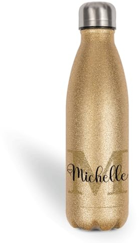 Personalisierte Glitzer Thermoflasche 500ml – Trinkflasche mit Namen aus Edelstahl – Thermosflasche Kinder & Erwachsene – Geschenk zur Einschulung, Schule, Büro, Sport – Glitzergeschenk, Gold