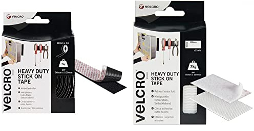 VELCRO Brand Heavy Duty Stick On Black Tape 50mm x 1m, Hook and Loop Tape Self Adhesive Strips Fastener Roll & VELCRO Brand 2pk Heavy Duty White Stick On Strips 50mm x 100mm