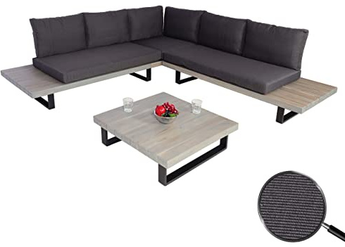Mendler Garten-Garnitur HWC-H54 Akazie Alu - grau, Polster dunkelgrau | Garnitur, Sitzgruppe, Lounge-Set, Spun, Poly, Holz, FSC®