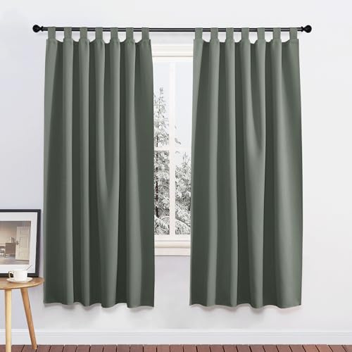 PONY DANCE Schlaufenvorhang Blickdicht - Kinderzimmer Gardinen Junge Thermovorhang Kälteschutz Verdunklungsvorhänge Wohnzimmer Schlaufenschal 2er Set H 175 x B 140 cm, Graugrün