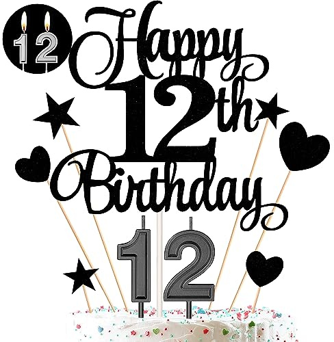 12th Birthday Cake Decorations Set Include 12th Birthday Candles Numeral 12 Cake Candles and Happy 12th Birthday Cake Toppers with Heart Star Cupcake Picks for Birthday Party (Black Series)