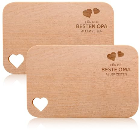 2er Set Frühstücksbrettchen für Oma & Opa - Brotzeitbrett aus Buchenholz mit Herzen - Geschenk für Großeltern zu Weihnachten, Geburtstag & Muttertag