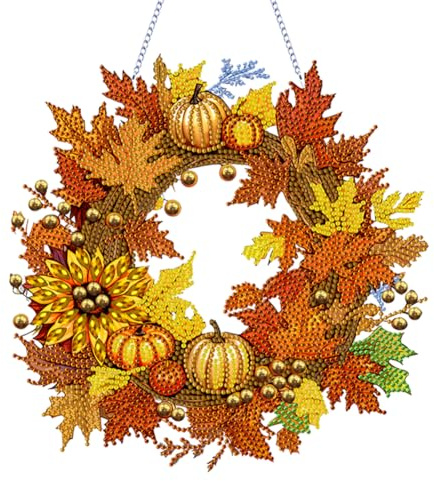 Demiawaking 5D DIY Diamond Painting Kürbis Girlande Kranz Set, Diamant Painting Anhänger Herbstdeko Kits mit Kette, Diamant Malerei Türkranz Kürbis Herbst Deko Tür Fenster Deko DIY Geschenk (D)