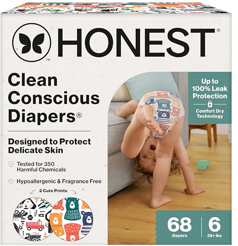 The Honest Company Comfort Dry Disposable Diapers for Sensitive Skin, Hypoallergenic, Beary Cool + Big Trucks, Super Club Box Size 6 (35 lbs), 68 Count