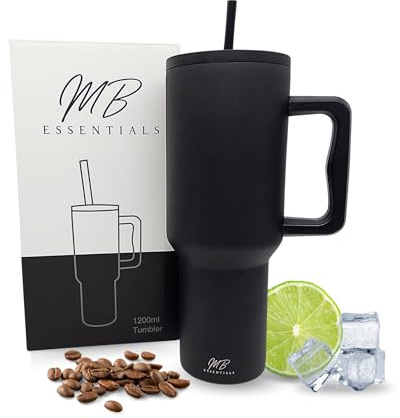 MB Essentials Thermobecher mit Strohhalm und Henkel, 1200ml Edelstahl Kaffeebecher to go mit Griff, für warme und kalte Getränke, Tumbler Cup mit Deckel, Reisebecher, Geschenkidee (Schwarz)