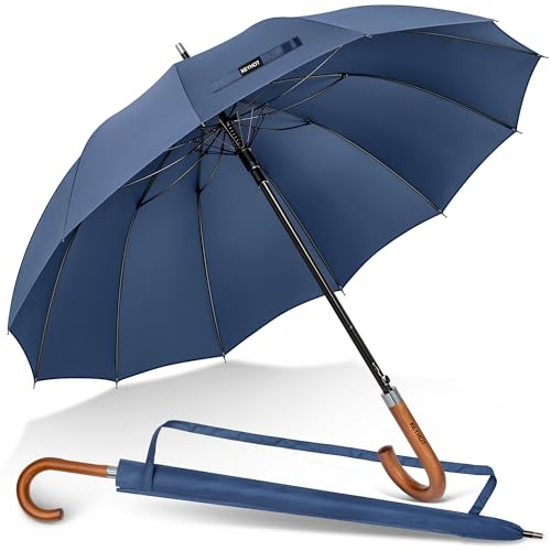 KEYHOT Grand parapluie à manche - XL parapluie parapluie coupe-vent parapluie en bois à manche en J parapluie automatique pour hommes femmes (Bleu saphir)
