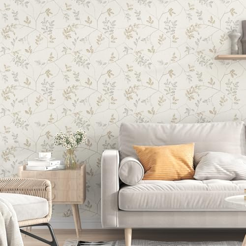 Yullpaper Selbstklebende Tapete Blumen Klebefolie Blumen Blätter Tapeten Wohnzimmer Muster Schrankfolie Vintage Tapete Beige für Schlafzimmer Selbstklebende Folie Möbel Blumentapete 44.5 X 260cm