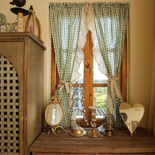 izielad 2PCS Tenda da Cucina Corta Tenda da Bistrot Vintage Tende Cucina Country Motivo a Quadretti Tendine a Quadretti Buffalo Check Tende Corte per Finestre Verde LxA 70x130cmx2pcs