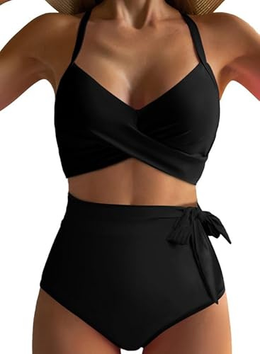 Dokotoo Damen Bikini Set Wickeloptik Push Up Bademode Bauchweg High Waist Zweiteiliger Badeanzug Swimsuit, schwarz, L