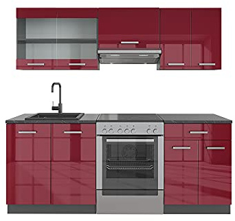 Vicco Küchenzeile R-Line, Rot Hochglanz/Anthrazit, 200 cm | 5 Module · Höhenverstellbare Füße · Ohne Arbeitsplatte · Robuste Fronten · Mit Glasschrank · Frei kombinierbar