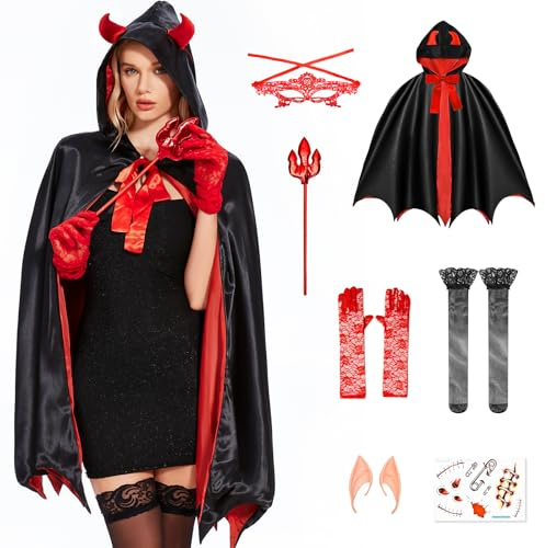 Aragallant Teufel Kostüm für Damen, Rot Teufel Umhang, Halloween Karneval Vampir Kostüm Set mit Teufel Dreizack, Spitzen Augenklappe, Spitzen Handschuhe, Leggings, Elfen Ohren, Für Masquerade Cosplay