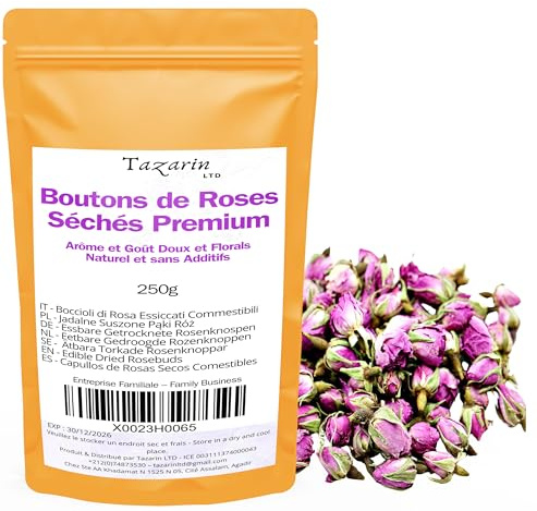 250g Premium Speisepflanzen-Rosenknospen - Infusion aus getrockneten Atlas-Rosenblättern - Süßer und blumiger Geschmack und Aroma - 100% natürlich, rein und ohne Zusatzstoffe | TazarinLtd