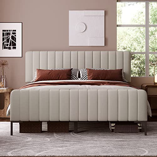 REXO Letto Matrimoniale Imbottito in Grigio e Beige con Rete a Doghe e Testiera Regolabile per Camera da Letto e Camera degli Ospiti