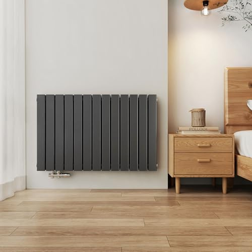 EMKE Design Heizkörper Flach, 630x1006 mm Horizontal Flachheizkörper mit Seitenanschluss, Doppellagig Anthrazit Paneelheizkörper Wandheizkörper für Bad, Flur& Wohnzimmer, 1308W