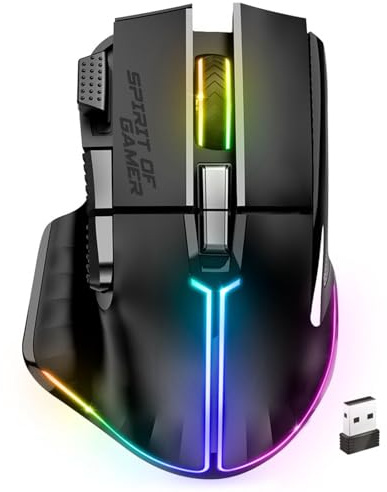 Spirit Of Gamer - Pro M5, trådlös spelmus RGB för PC, 8 programmerbara knappar, inklusive 1 Rapid Fire, Bluetooth-anslutning och 2,4 Ghz, 90 timmars drifttid, ergonomisk RGB-spelmus,