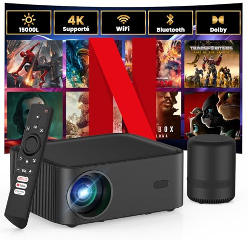 HOPVISION Mini Proiettore【Netflix/Prime Video/Youtube Ufficiale】con altoparlante BT, 15000L Projector Portatile WiFi Bluetooth, 4k 1080P Full HD per Dolby/Android/iOS/PS5