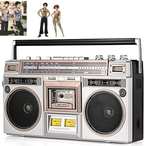 Boombox portatile con lettore di cassette Bluetooth con doppio woofer e 3 altoparlanti – radio AM/FM, registratore – per viaggi e riunioni di famiglia