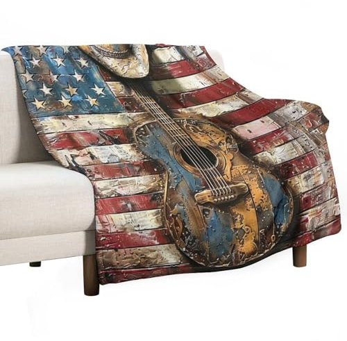 Kuscheldecke Retro Amerikanische Flagge Gitarre Usa Flagge Cowboy Hut Patriotischen Thema Flanell Decke Hochwertige Sofadecke Unisex Wohndecke Für Bank Wohnzimmer Nickerchen 125x150cm