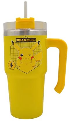 Pokemon Pikachu 20oz / 600 ML Tumbler with Straw & Lid | Leak & Spill Proof Travel Mug | Stainless Steel Vacuum Insulated Water Bottle with Handle Keeps Cold for 17Hrs or Hot for 5Hrs