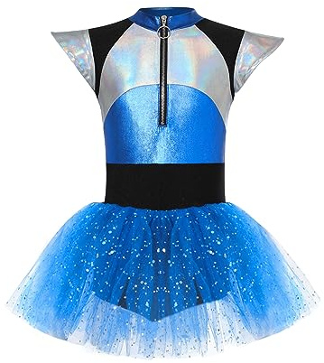 renvena Kids Girls Alien Metallic Dress Tulle Tutu Dance Dress Leotard Outer Space Man Halloween Costume Blue 9-10 Years