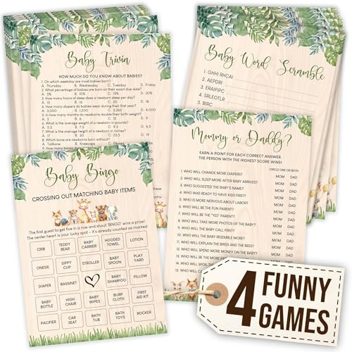 WOODAMORE Woodland Babyparty-Spiele für Jungen – Wald-Bingo-Spiel für 25 Gäste, lustiges Mama- oder Papa-Spiel, Baby-Trivia, Waldthema, Babyparty-Dekorationen, Woodland-Baby-Party-Ideen