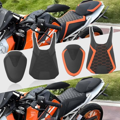 WOOGA Motorcycle Soft PU Leather Front Rider Seat Rear Passenger Seat Pillion Cushion Comfortable fit for K&T&M Duke 390/125/250 Accessories 2017-2023 (Front Orange-Higher 15MM)