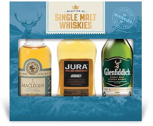 A Selection of Single Malt Whiskies gift set, including 3 x 5cl bottles of single malt whisky. Perfect for Christmas and Birthdays.