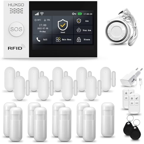 HUXGO® HXA007 Antifurto casa wireless WiFi + GSM con sirena | Kit allarme casa senza fili: 9x rilevatori di movimento, 9x sensori di allarme per finestre/porte | Allarme Casa, Appartamento