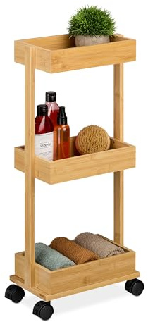 Relaxdays Mobile da Bagno con 3 Ripiani, Mobiletto su Ruote, Carrello da Cucina, 71,5x31x18 cm, Scaffale bambù, Naturale