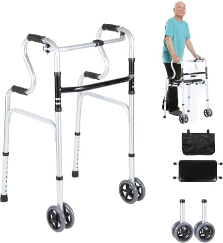 Vexorium Klappbare gehhilfe für senioren, Aluminium gehbock mit 2 Lenkrollen, gehhilfe erwachsene höhenverstellbar, Rutschfest Stabil Gehgestell, Gehwagen Bis 180 kg, Ergonomische, Silber