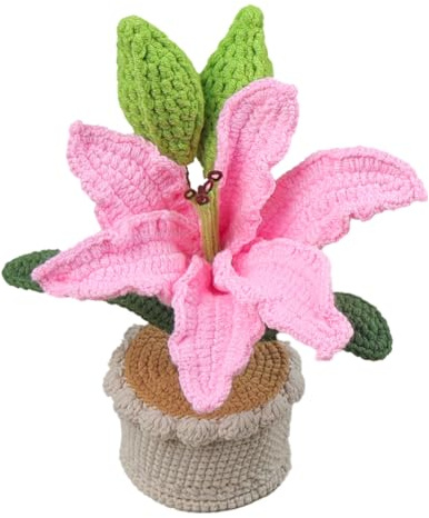 Magicherry Piante in vaso di giglio finite all'uncinetto, fiori artificiali lavorati a maglia con squisito vaso, fiori fatti a mano per donne e decorazione per casa, ufficio, auto, cruscotto, rosa