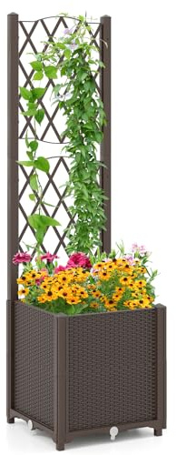 COSTWAY Jardinière sur Pied avec Treillis Auto-arrosage (40 x 40 x 140 cm) | Bac de Plantation en Rotin PP avec Trou de Drainage, Lit de Jardin pour Plantes Grimpantes, Légumes, Fleurs, Café