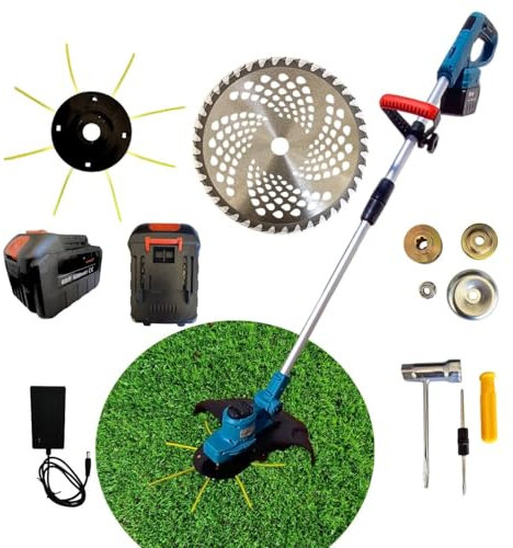 Decespugliatore Tagliabordi a Batteria 20V, stelo in Alluminio regolabile, Rasaerba Elettrico da Giardino, Diametro Taglio 25 cm - 2 Batteria Incluse 68 vf 6000 mAH Disco in acciaio
