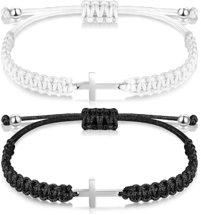 ZORVUJI Lot de 2 Bracelets Croix Chrétien Bijoux Chrétiens pour Femmes Hommes Couple Tressé Réglable Cadeau Chrétien Communion Noir Blanc