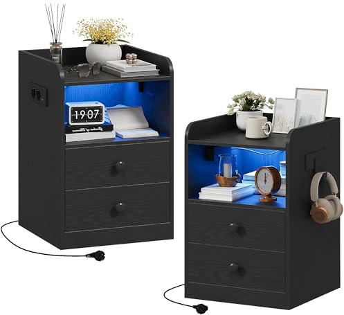 IRONCK Nachttisch 2er Set mit Steckdose und LED, Beistelltisch mit 1 USB & 1 Typ-C Anschlusse, Nachtschrank 2 Schubladen&offene Fächer, Sofatisch für Wohnzimmer, Schlafzimmer, Arbeitszimmer, Schwarz