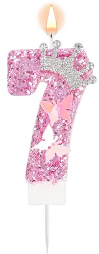 Candela di Compleanno Rosa con Numero, Corona Scintillante Farfalla Scintillante Paillettes Decorazione per Torta per Feste di Compleanno Matrimoni Anniversari Celebrazioni (Numero 7)