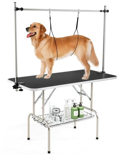 COSTWAY Table de Toilettage pour Chien Pliable, Bras Réglables en Hauteur, 2 Sangles, Pinces Amovible, Plateau Fond en Maille, Table Toilettage Chien Chat, Charge 150 kg, 125 x 61 x 162,5 cm