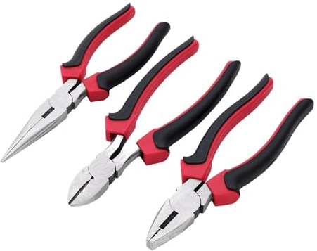 OZZO 3 Piece Pliers Set - Combination - Long Nose & Diagonal Cutters | Carbon steel pliers with hardened cutting edges, ergonomic soft grips and 180mm-185mm sizes for precision hand tool tasks.