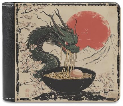 Jubonexis Portefeuille à deux volets en cuir synthétique souple avec motif dragon japonais mangeant des ramen, porte-monnaie, carte de crédit, porte-cartes fin pour homme et femme