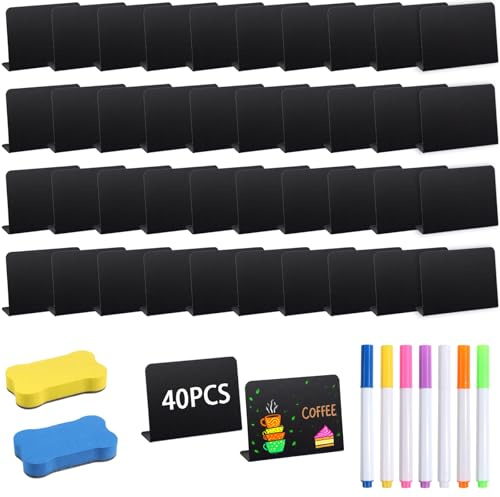 40 PCS Food Labels for Buffet, Chalkboard Signs, Small Chalk Board Table Top Menu Blackboard with Base with 7 Ddifferent Colors Markers and 2 Erasers for Wedding Party Bakery(10 x 7.5cm)